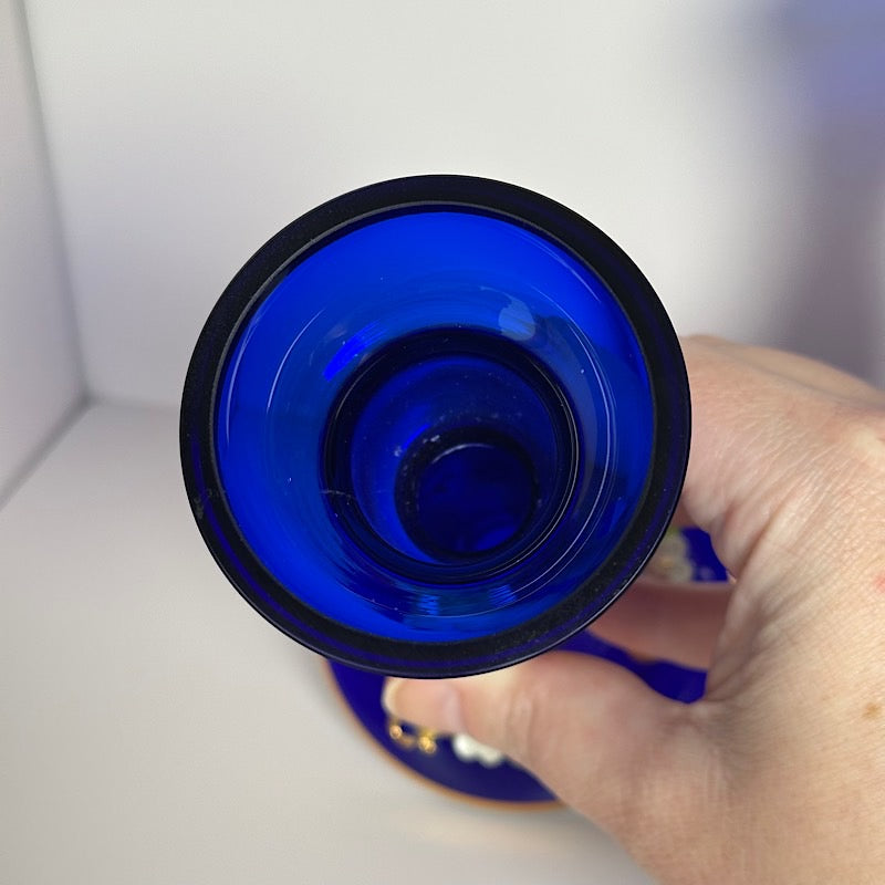 Vintage Czech Republic Handpainted Cobalt Candlestick Holder Pair