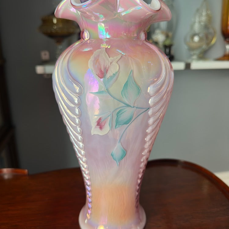 Fenton Handpainted Pink Cased Iridescent Vase