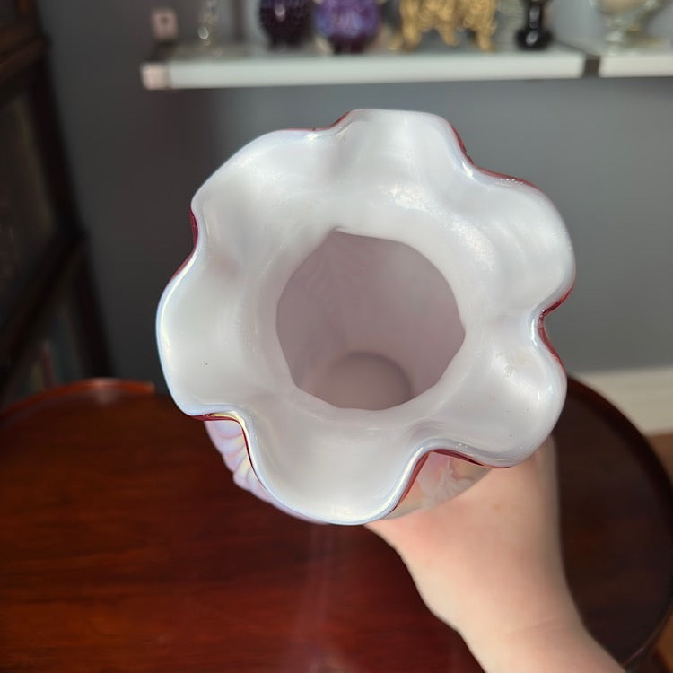 Fenton Handpainted Pink Cased Iridescent Vase