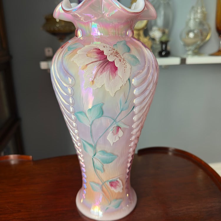 Fenton Handpainted Pink Cased Iridescent Vase