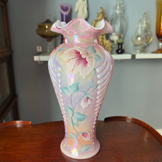 Fenton Handpainted Pink Cased Iridescent Vase