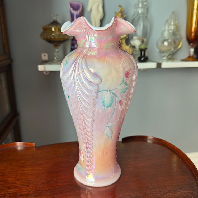 Fenton Handpainted Pink Cased Iridescent Vase