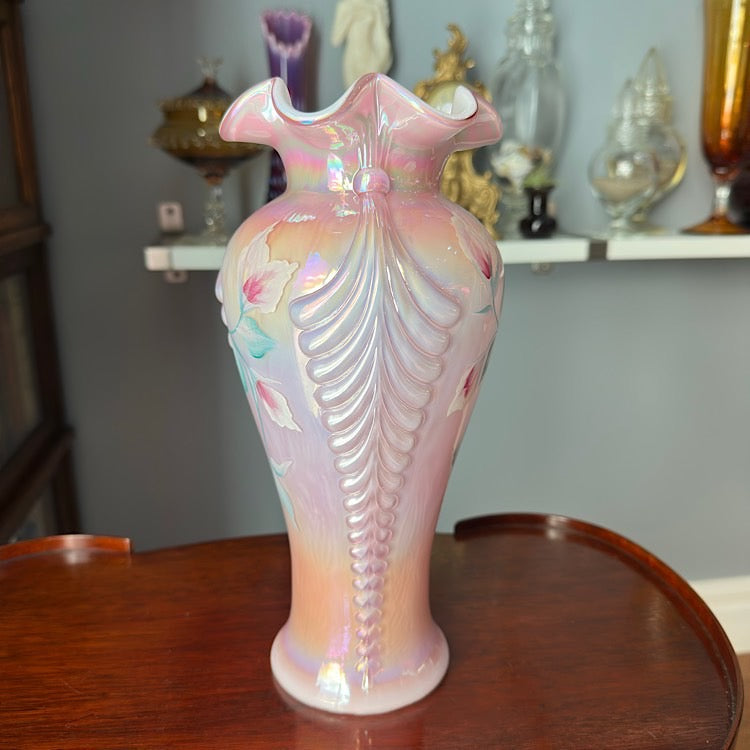 Fenton Handpainted Pink Cased Iridescent Vase