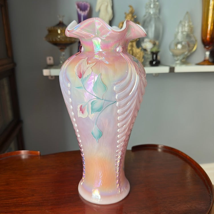 Fenton Handpainted Pink Cased Iridescent Vase