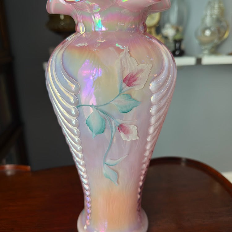 Fenton Handpainted Pink Cased Iridescent Vase