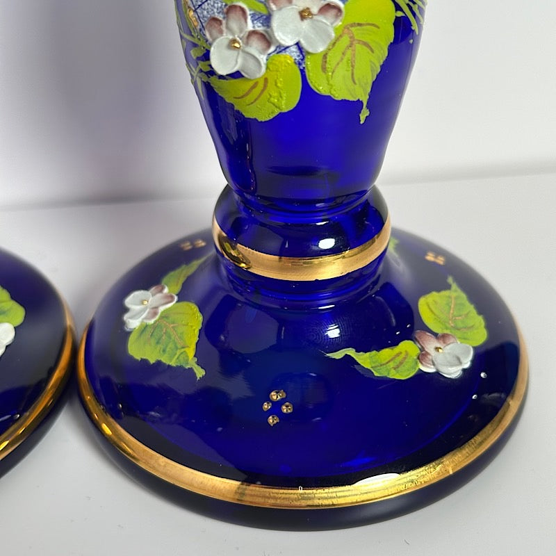 Vintage Czech Republic Handpainted Cobalt Candlestick Holder Pair