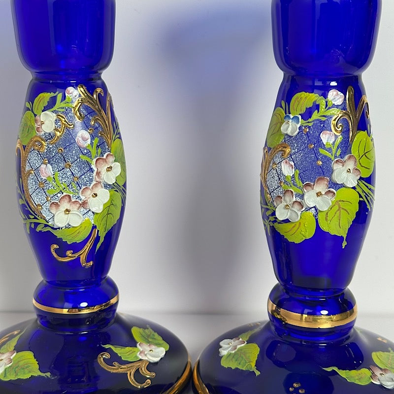 Vintage Czech Republic Handpainted Cobalt Candlestick Holder Pair