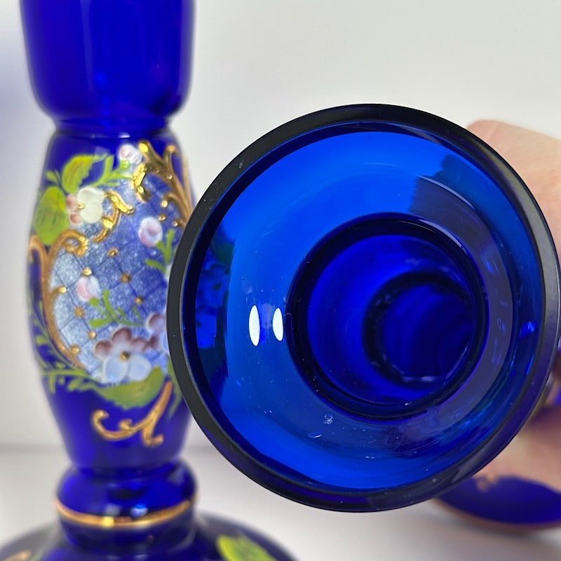 Vintage Czech Republic Handpainted Cobalt Candlestick Holder Pair