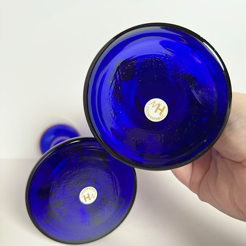 Vintage Czech Republic Handpainted Cobalt Candlestick Holder Pair