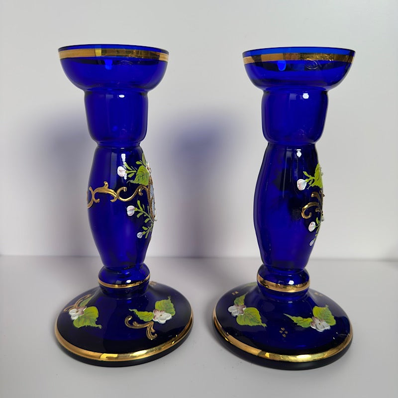 Vintage Czech Republic Handpainted Cobalt Candlestick Holder Pair