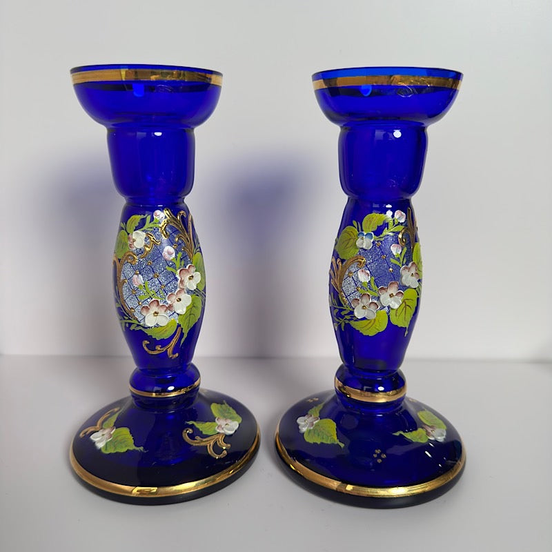 Vintage Czech Republic Handpainted Cobalt Candlestick Holder Pair