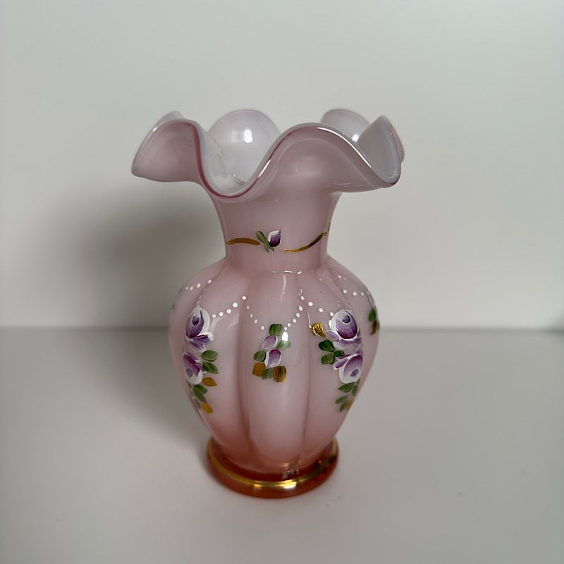 Fenton Charleton Collection 2003 Handpainted Pink Overlay Melon Vase
