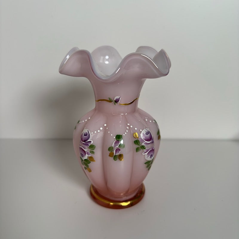 Fenton Charleton Collection 2003 Handpainted Pink Overlay Melon Vase