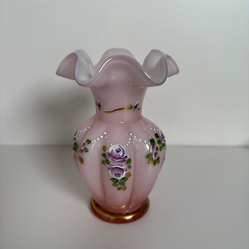 Fenton Charleton Collection 2003 Handpainted Pink Overlay Melon Vase