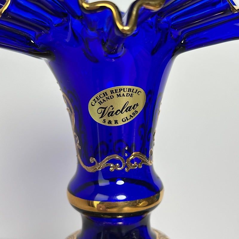 Vaclav S&R Glass Handpainted Cobalt Vase Czech Republic