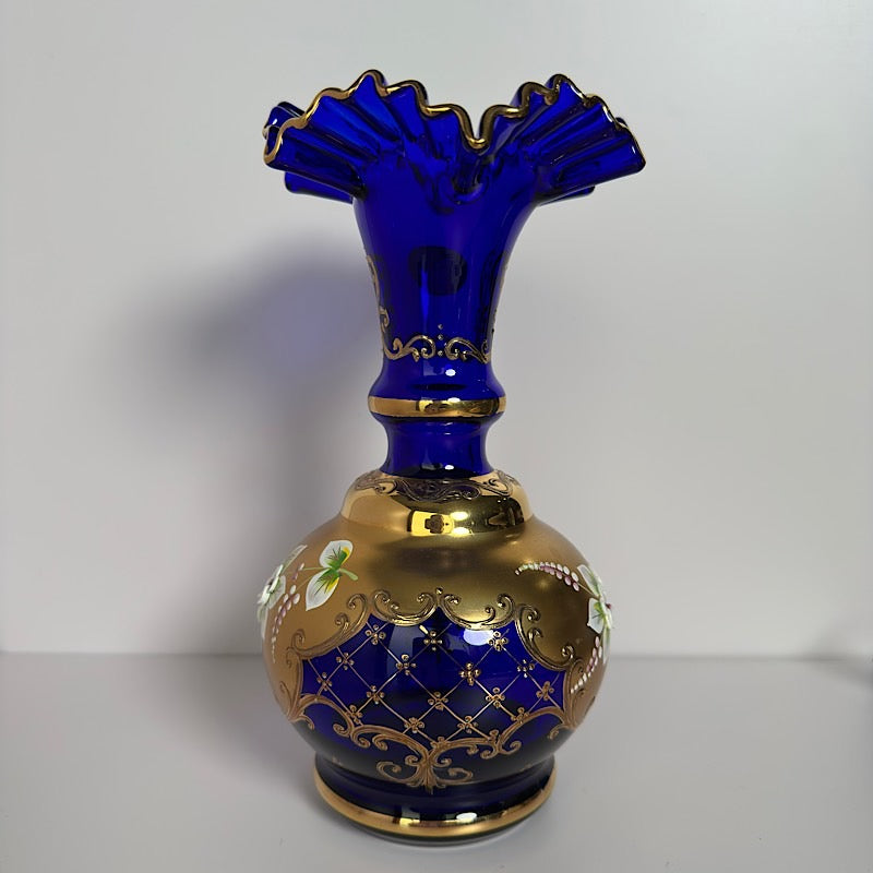 Vaclav S&R Glass Handpainted Cobalt Vase Czech Republic