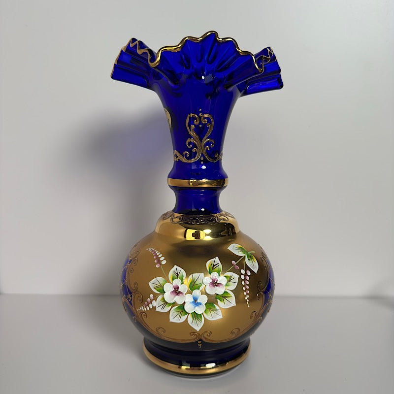 Vaclav S&R Glass Handpainted Cobalt Vase Czech Republic