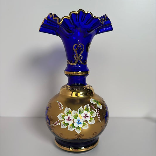 Vaclav S&R Glass Handpainted Cobalt Vase Czech Republic