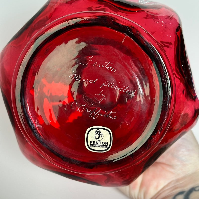 Fenton Cranberry Handpainted Large Vase