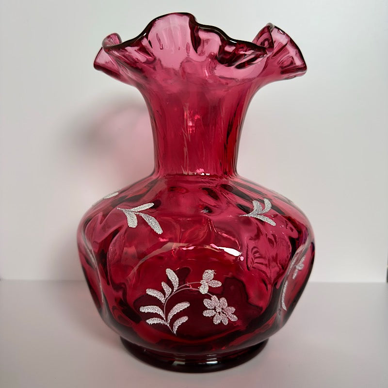 Fenton Cranberry Handpainted Large Vase