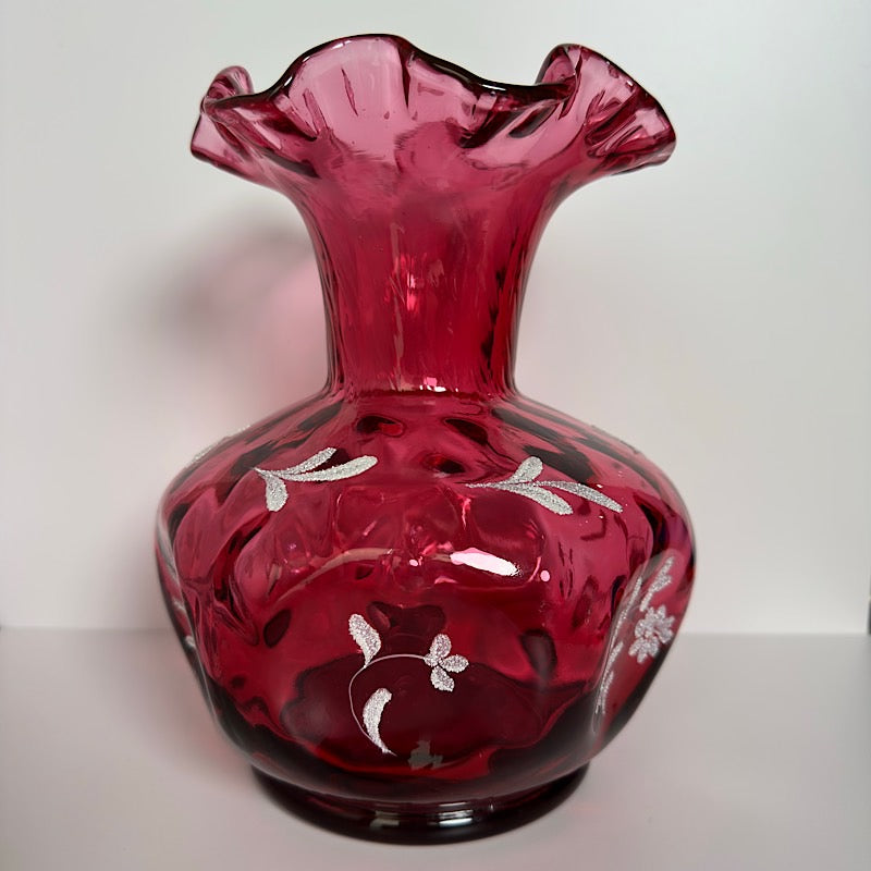 Fenton Cranberry Handpainted Large Vase