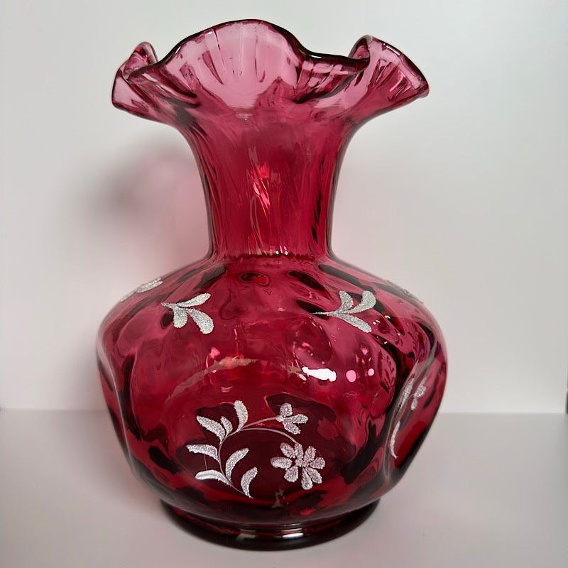 Fenton Cranberry Handpainted Large Vase