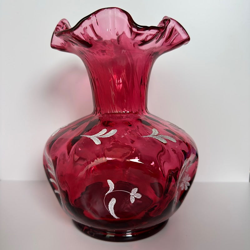 Fenton Cranberry Handpainted Large Vase