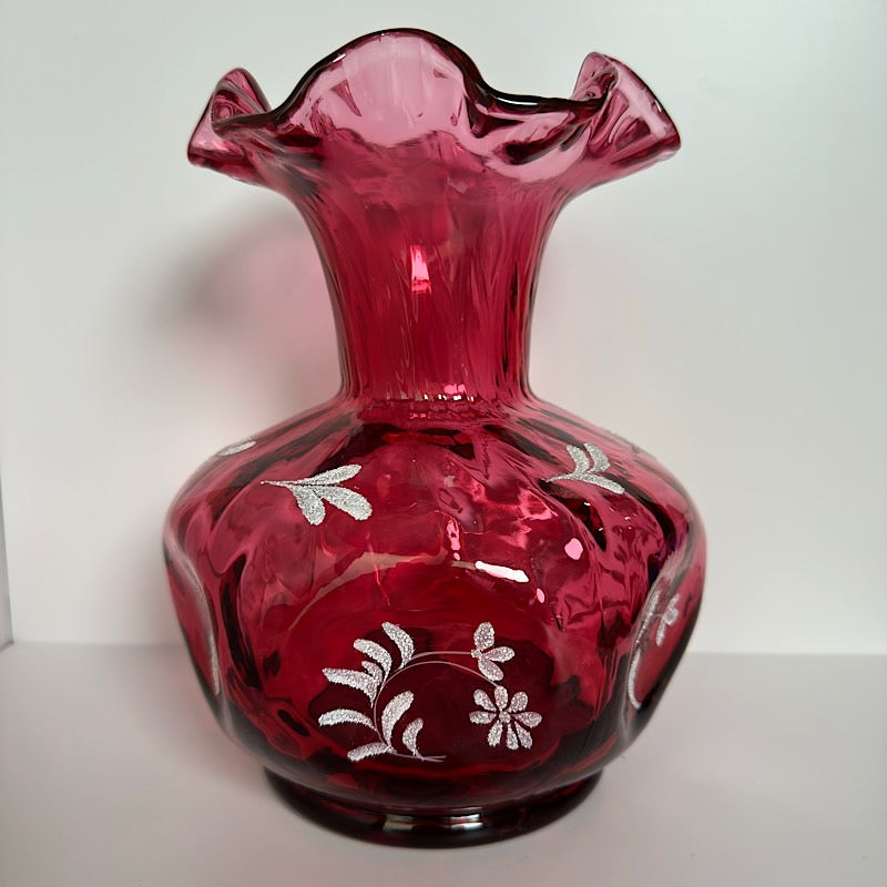 Fenton Cranberry Handpainted Large Vase