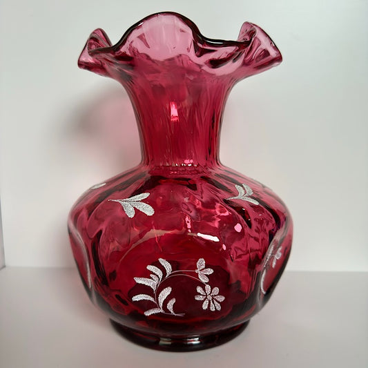 Fenton Cranberry Handpainted Large Vase