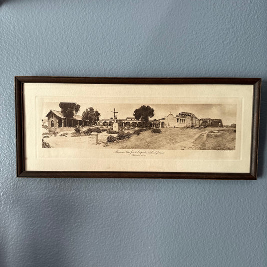 Mission San Juan Capistrano California Etching in Wood Frame