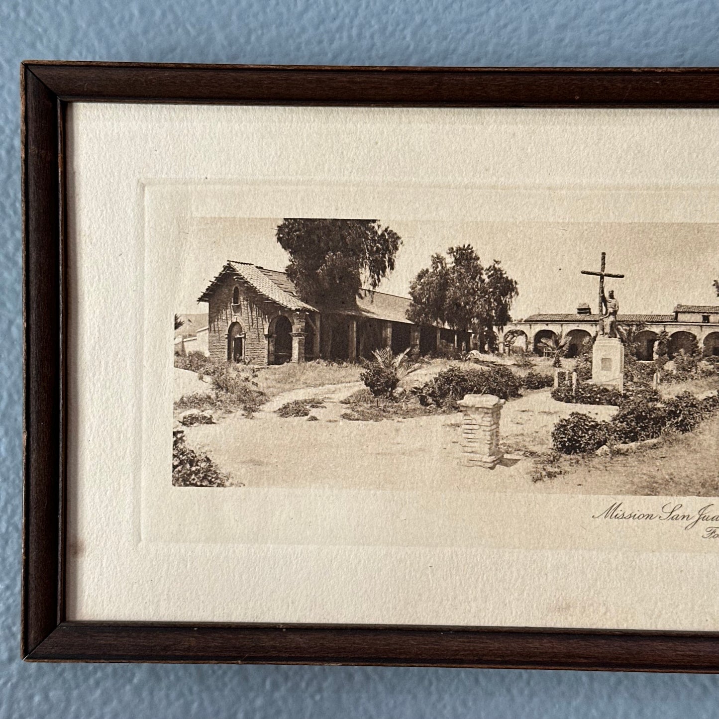 Vintage Mission San Juan Capistrano California Etching in Wood Frame