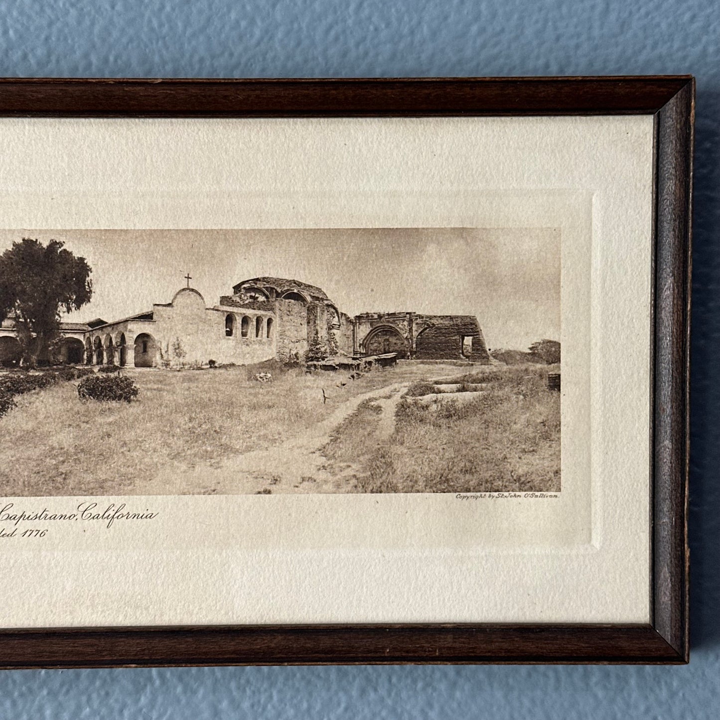 Vintage Mission San Juan Capistrano California Etching in Wood Frame