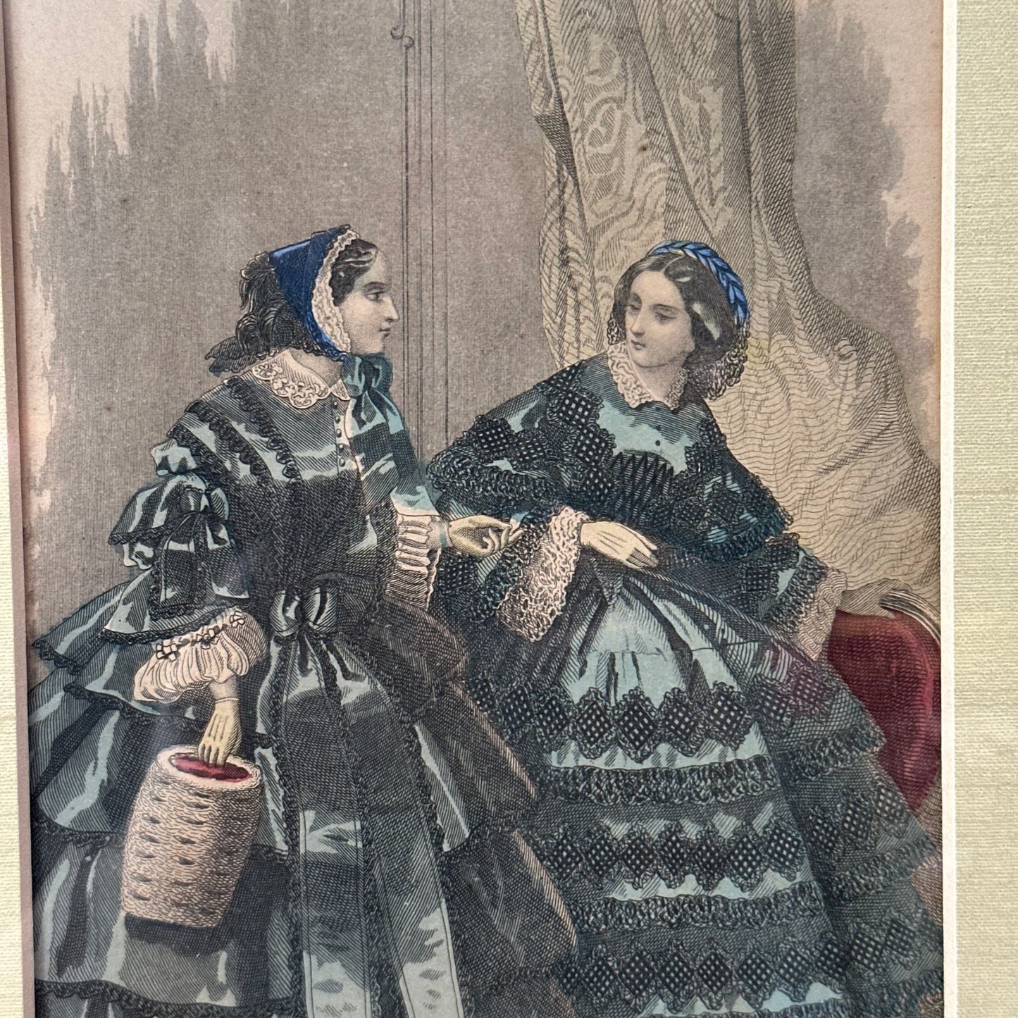 Vintage Les Modes Parisiennes Colored Etching in a Wood Frame