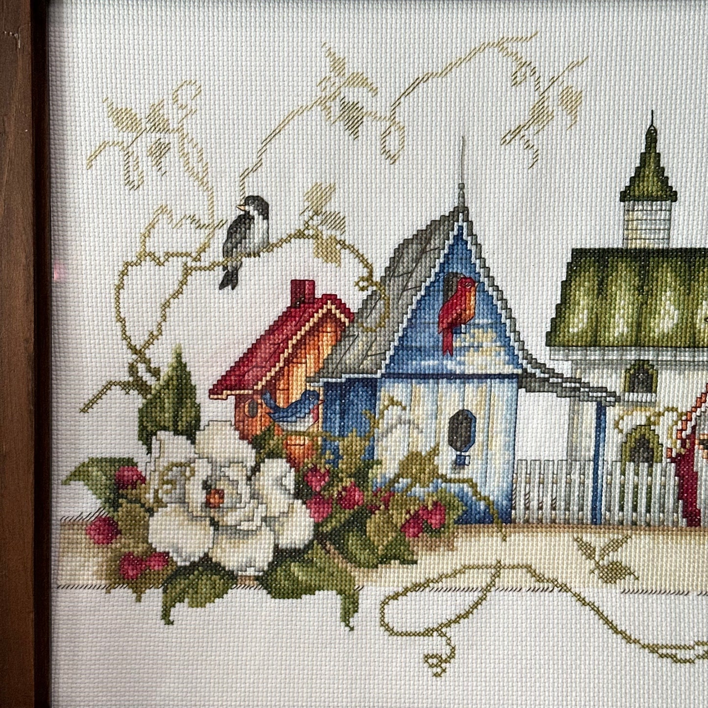 Cross Stitched Bird Houses in a Wood Frame