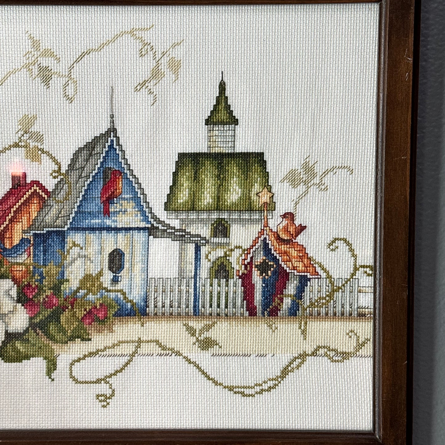 Cross Stitched Bird Houses in a Wood Frame