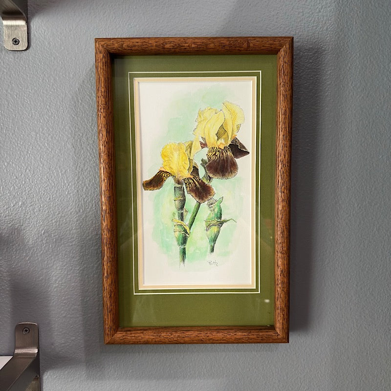Vintage Yellow Iris Art in a Wood Frame - Signed