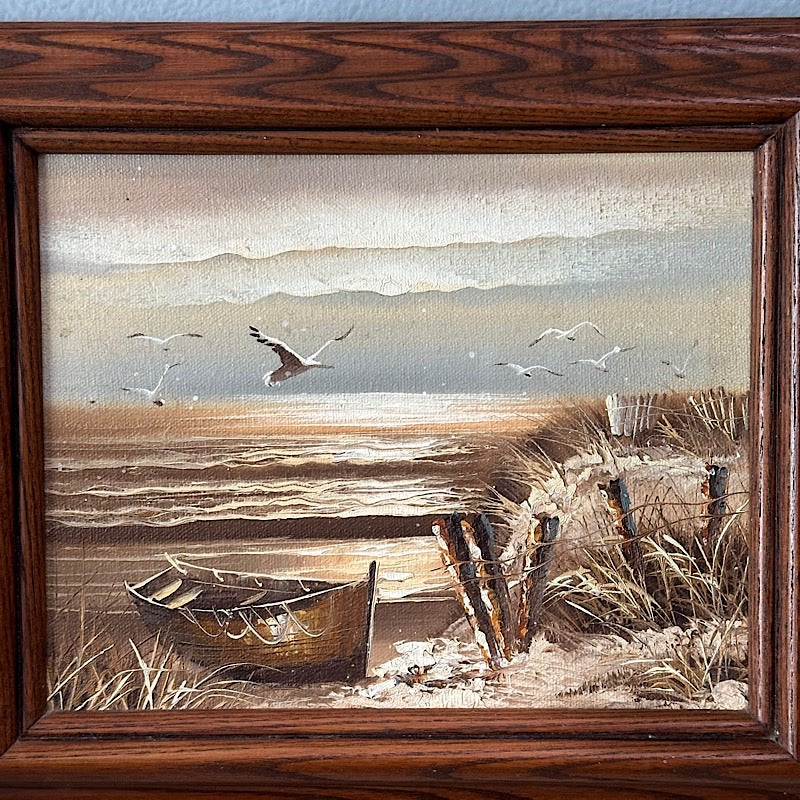 Vintage Handpainted Beach Scenery in a Wood Frame