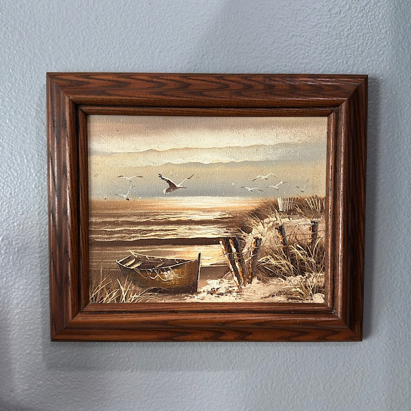 Vintage Handpainted Beach Scenery in a Wood Frame