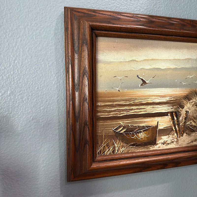 Vintage Handpainted Beach Scenery in a Wood Frame