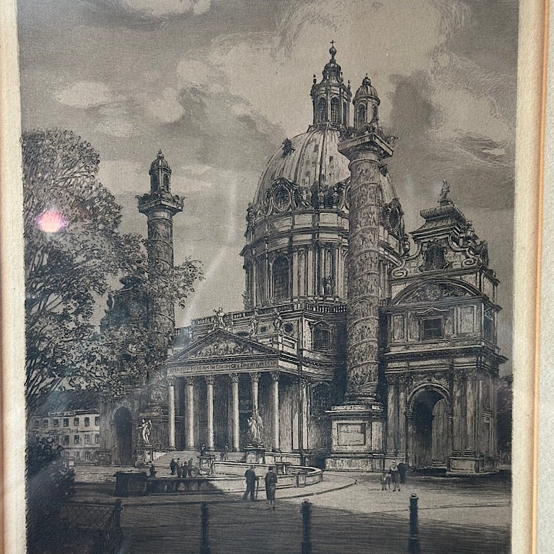 Vintage Signed Etching of Karlskirche Church
