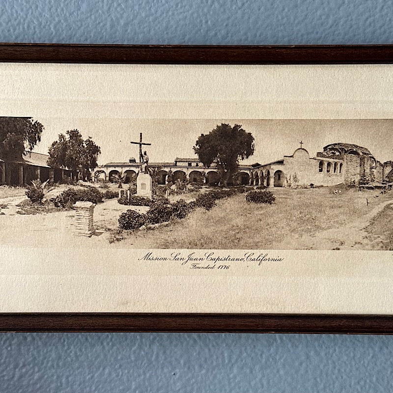 Vintage Mission San Juan Capistrano California Etching in Wood Frame
