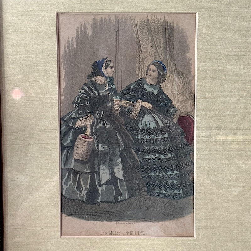 Vintage Les Modes Parisiennes Colored Etching in a Wood Frame