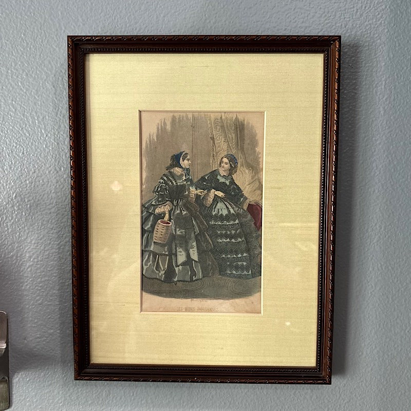 Vintage Les Modes Parisiennes Colored Etching in a Wood Frame