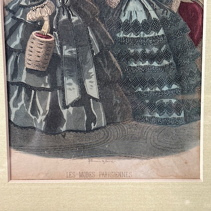 Vintage Les Modes Parisiennes Colored Etching in a Wood Frame
