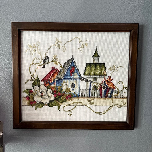 Cross Stitched Bird Houses in a Wood Frame