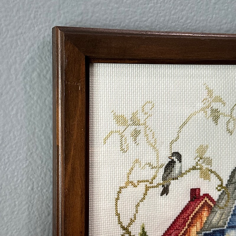 Cross Stitched Bird Houses in a Wood Frame