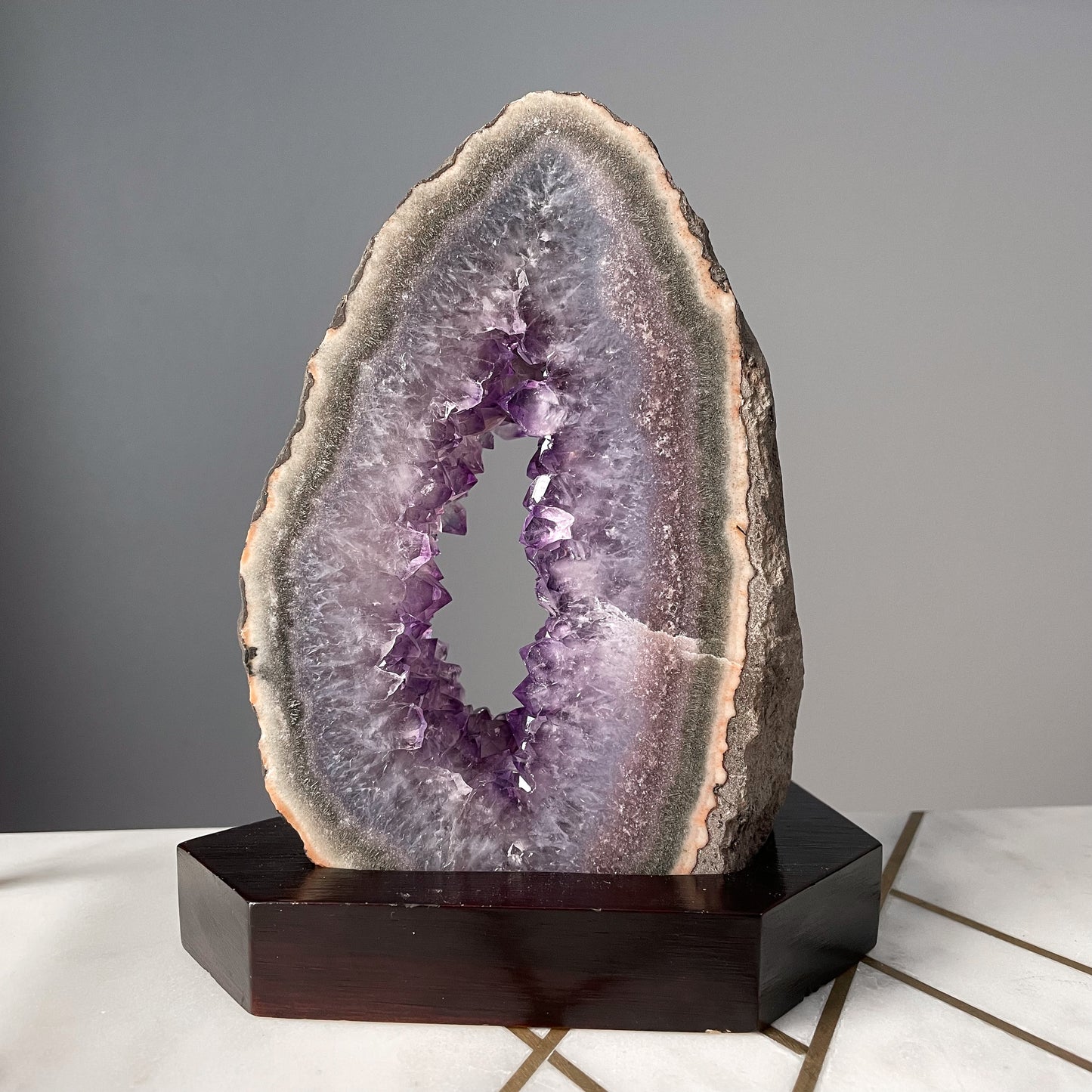 Amethyst Geode Portal on Wood Base