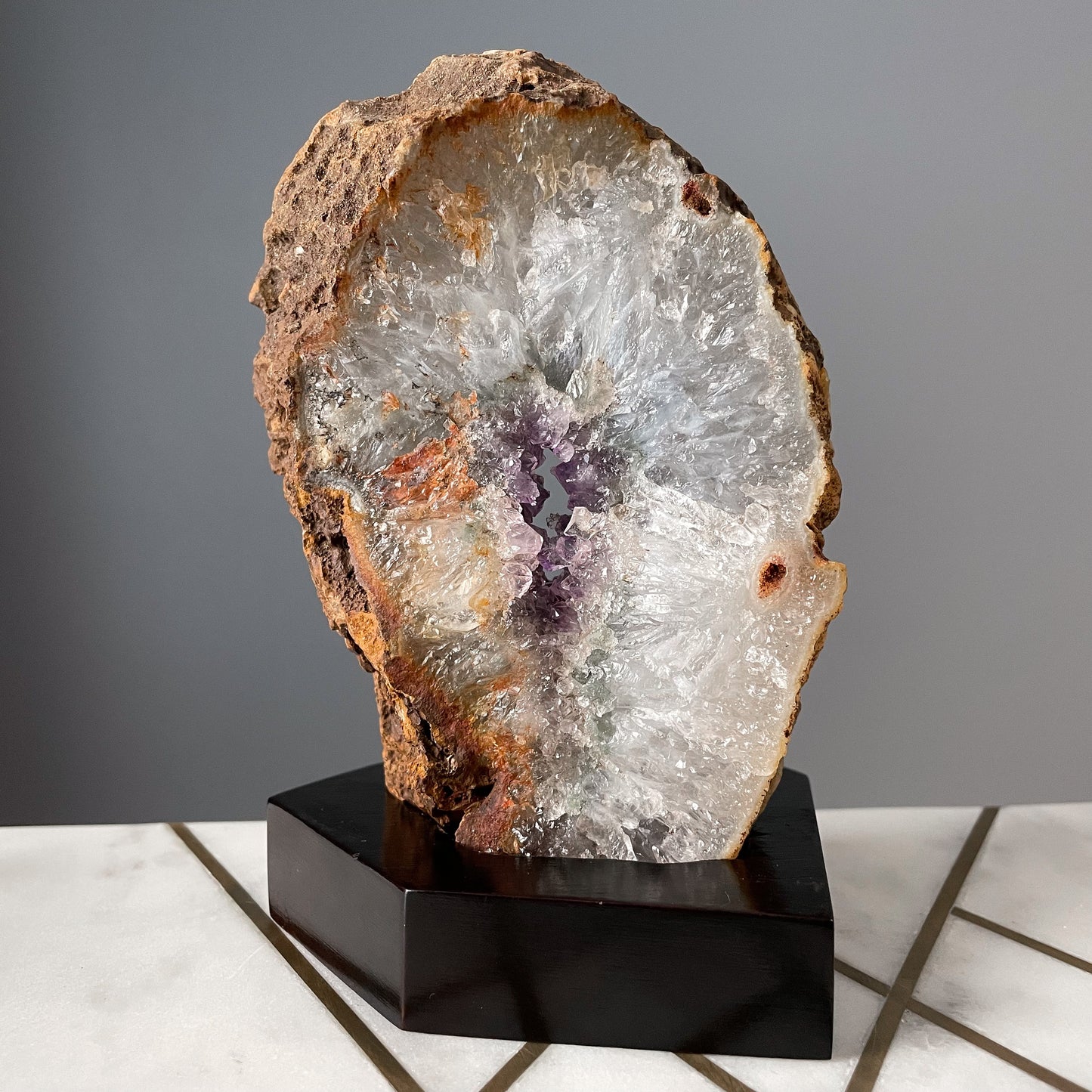 Amethyst Geode Portal on Wood Base