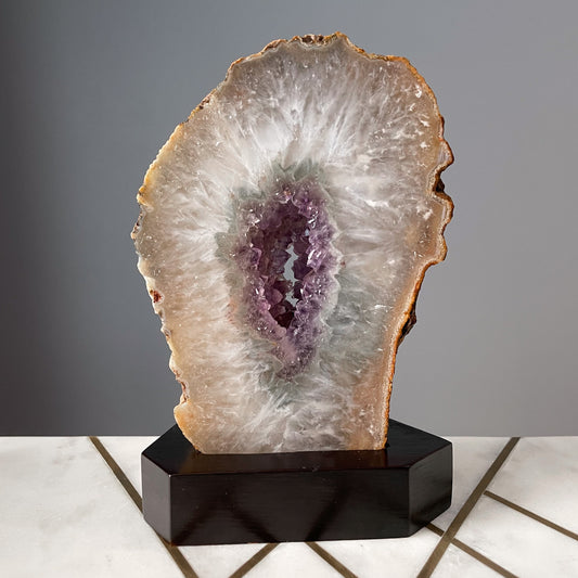 Amethyst Geode Portal on Wood Base